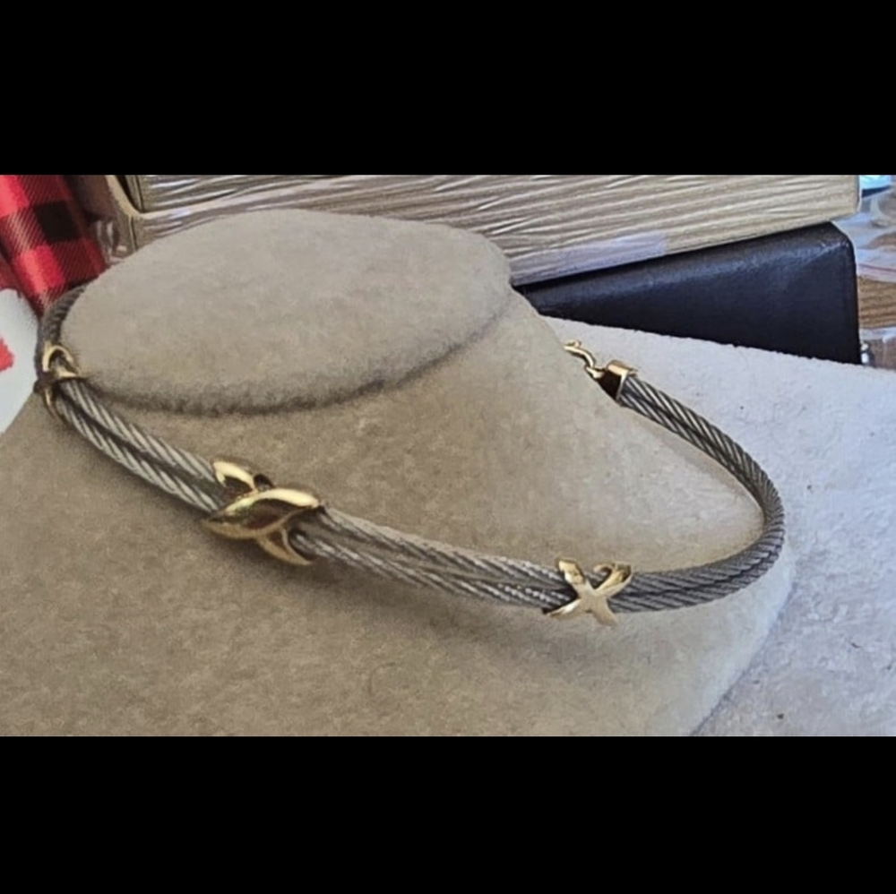 Milor 14k Yellow Gold Xs X's Stainless Steel Cable Bracelet Tennis Italy - Picture 4 of 9